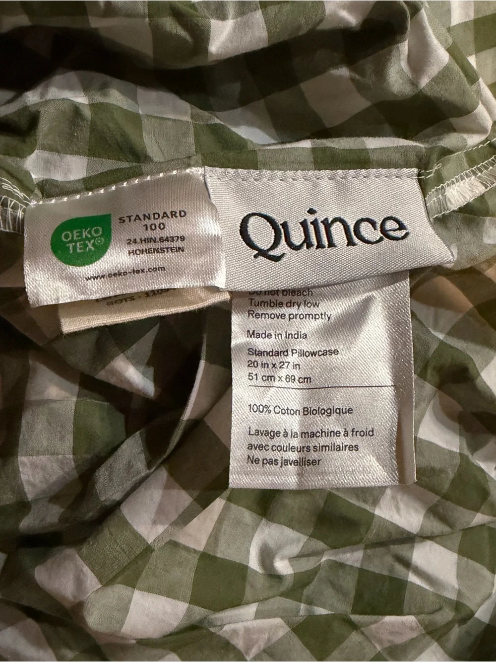Quince Classic Organic Percale Sheet Set Full Olive Gingham